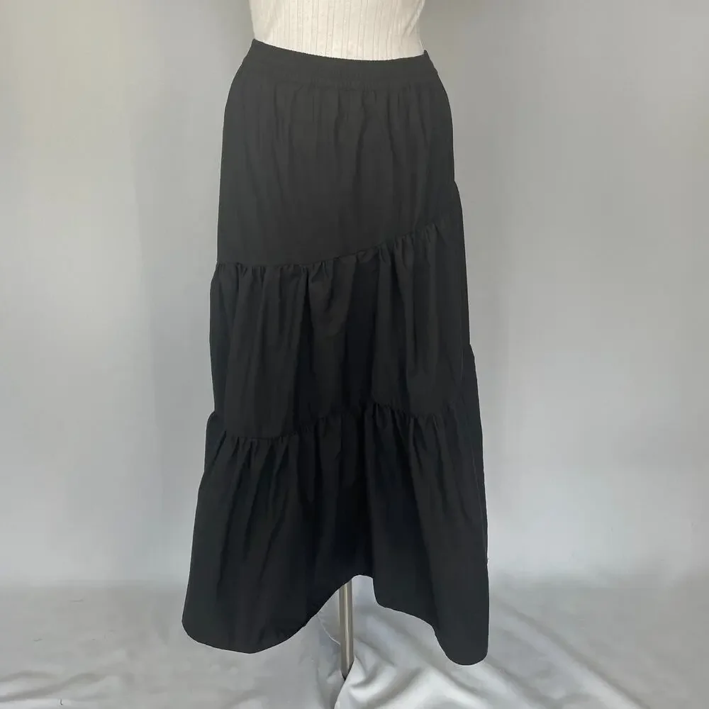 Tiered Broomstick Midi Skirt Size Medium Black Solid Fairy Whimsigoth Boho Goth